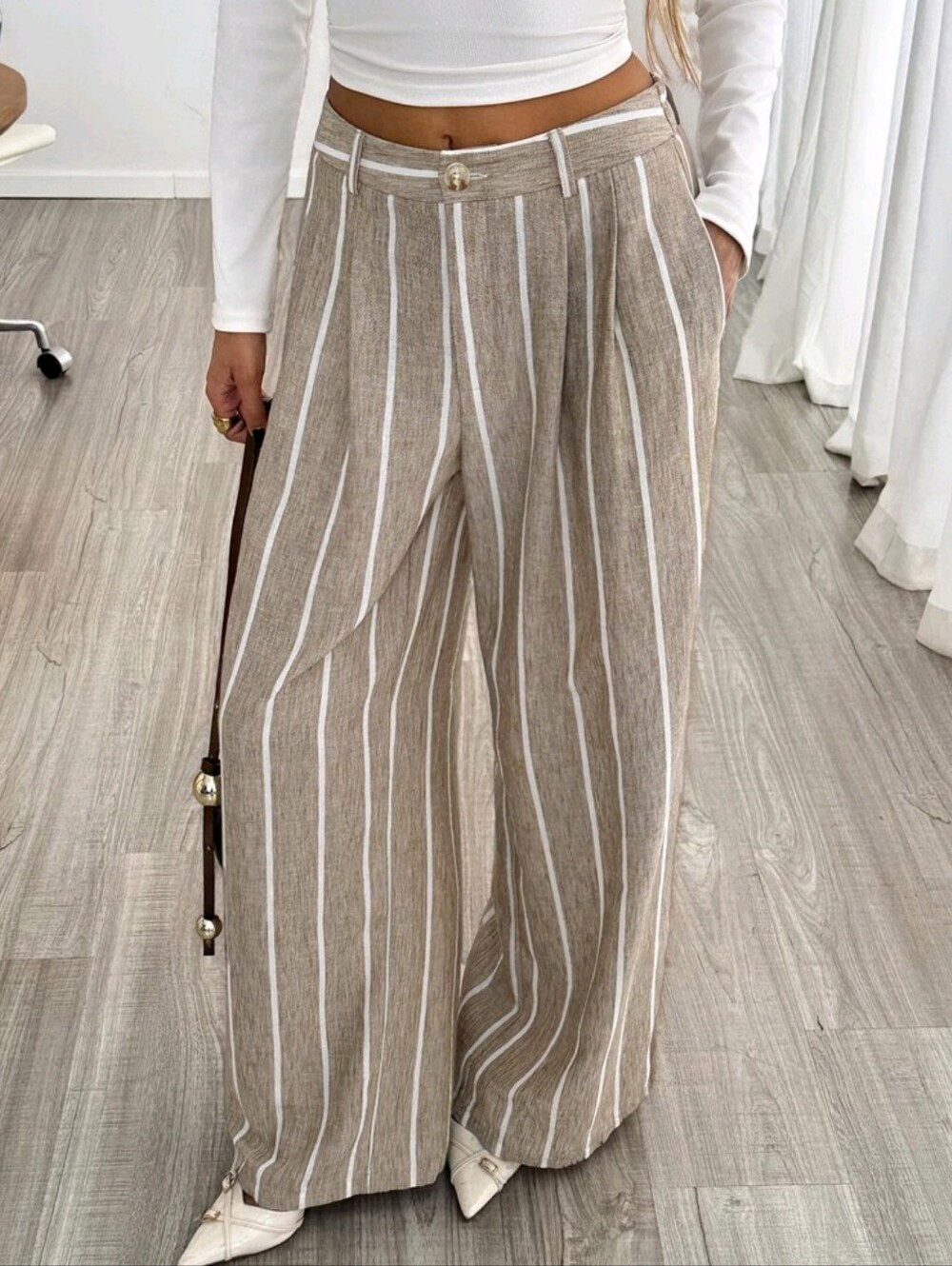 Diagonal Pocket Button Wide Leg Pants With Yarn-Dyed Stripes